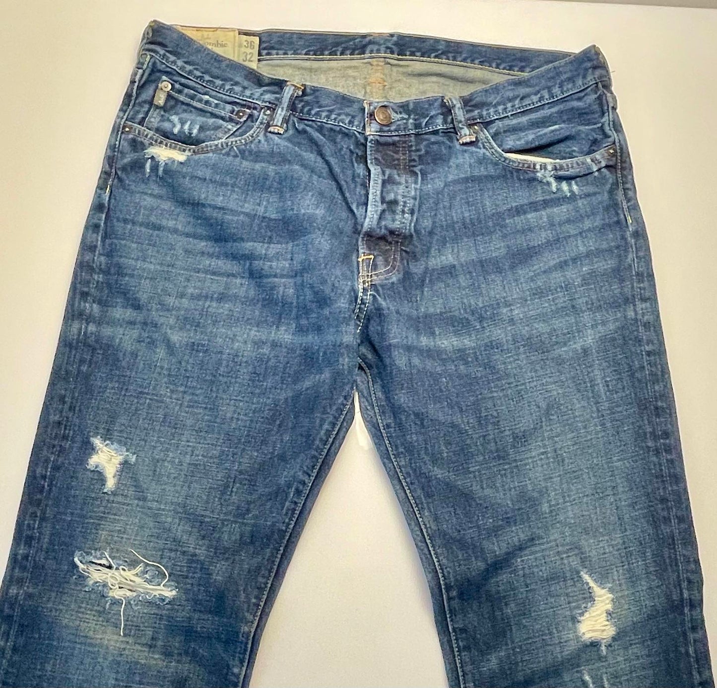 Abercrombie & Fitch Dark Wash Distressed Straight Leg Jeans- Men 36x32