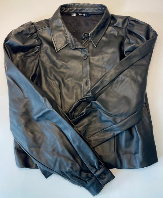 Zara Faux Leather Puff Sleeve Blouse- Women M