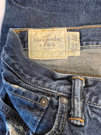 Abercrombie & Fitch Dark Wash Distressed Straight Leg Jeans- Men 36x32