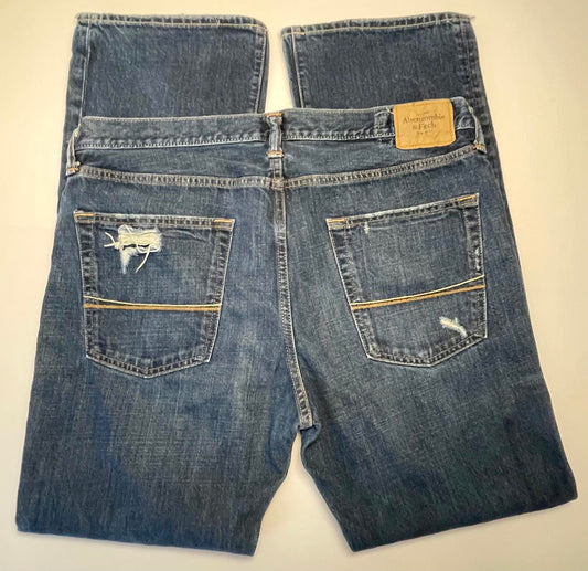 Abercrombie & Fitch Dark Wash Distressed Straight Leg Jeans- Men 36x32